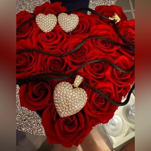 Swarovski Swan Stamped Clip on silver gold heart earring and necklace set